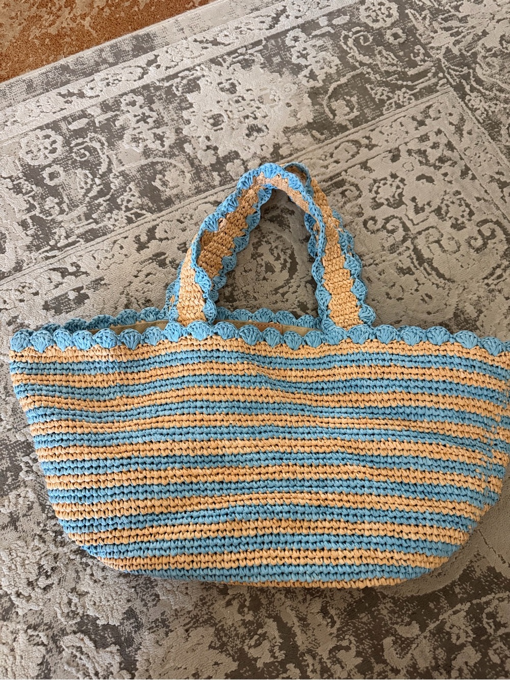 Blue and Tan Striped Crochet Tote Bag